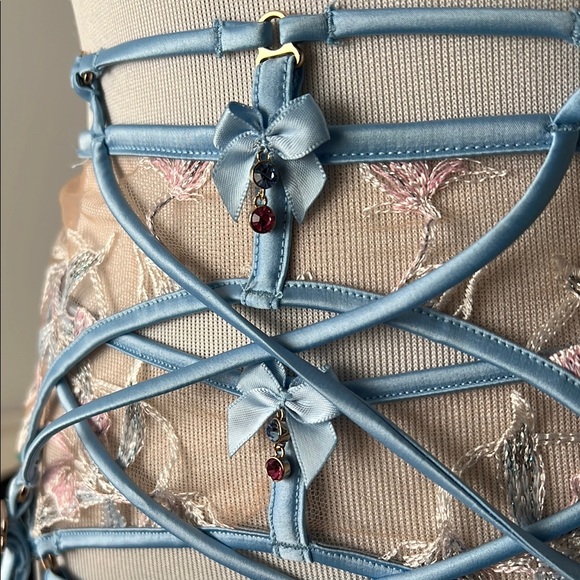 Honey Birdette Evangeline Bra Panty Garter Elegant Blue Lace Lingerie Set - Picture 2 of 5